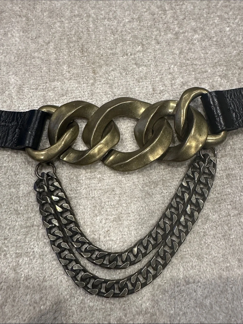 Zara Black Leather Belt with Antique Gold Chain Links